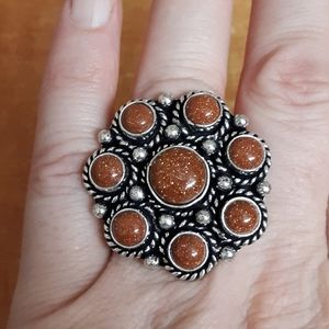 New Sunstone Sandstone Adjustable Silver Cocktail Ring.